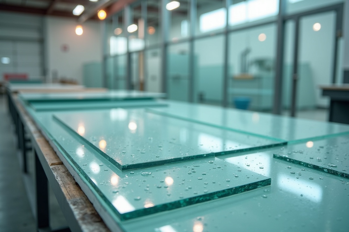 Glass workshop with sheets of tempered glass panels being prepared and inspected for custom shower enclosure installation