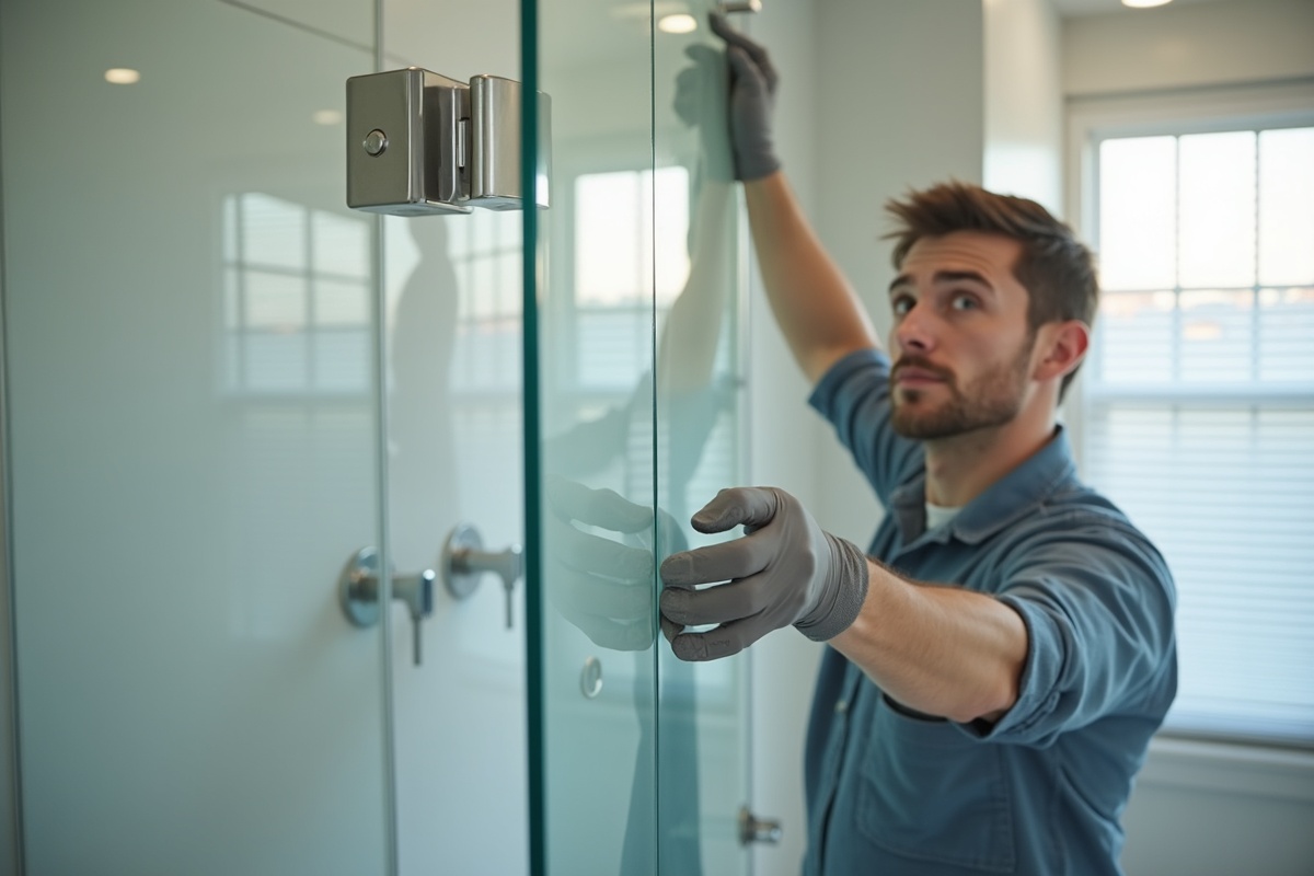 Technician installing custom frameless glass shower panel with precise hardware alignment in a DFW bathroom