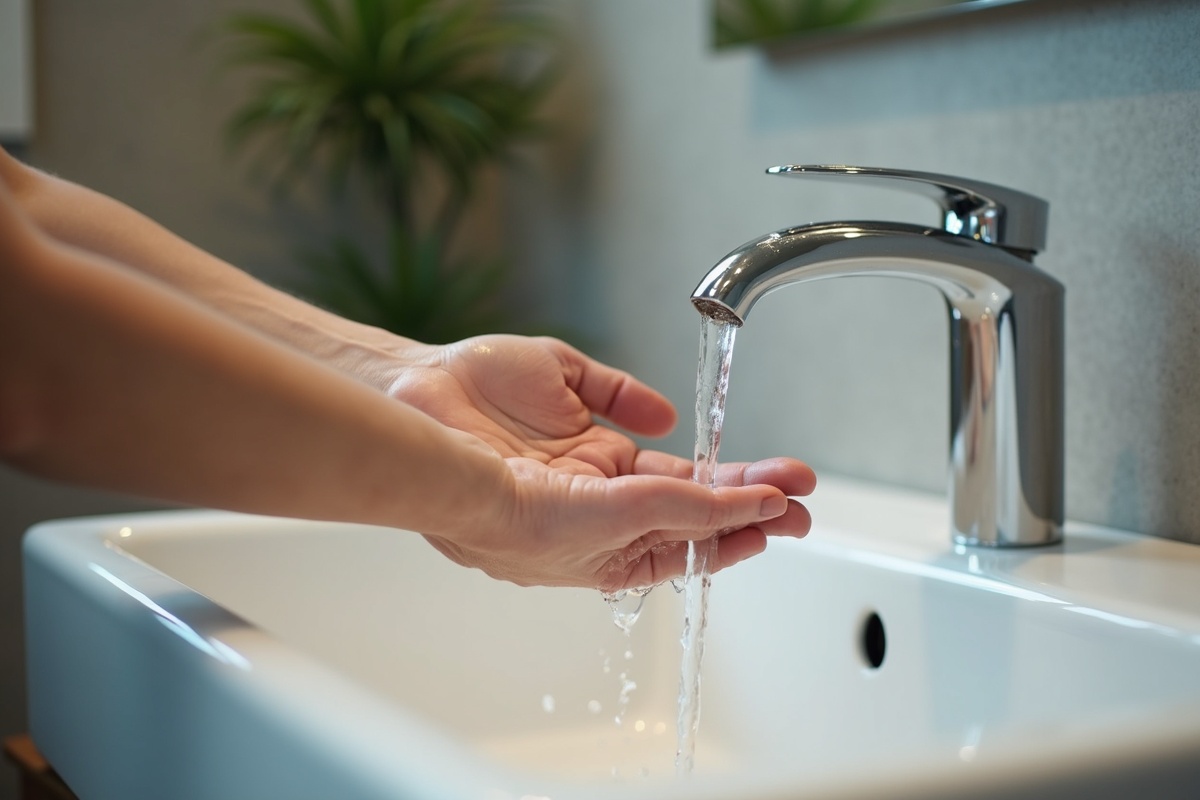 Person washing hands at a modern bathroom sink with water flowing over skin, demonstrating the same mineral-laden DFW tap water that causes hard water deposits on unprotected shower glass panels