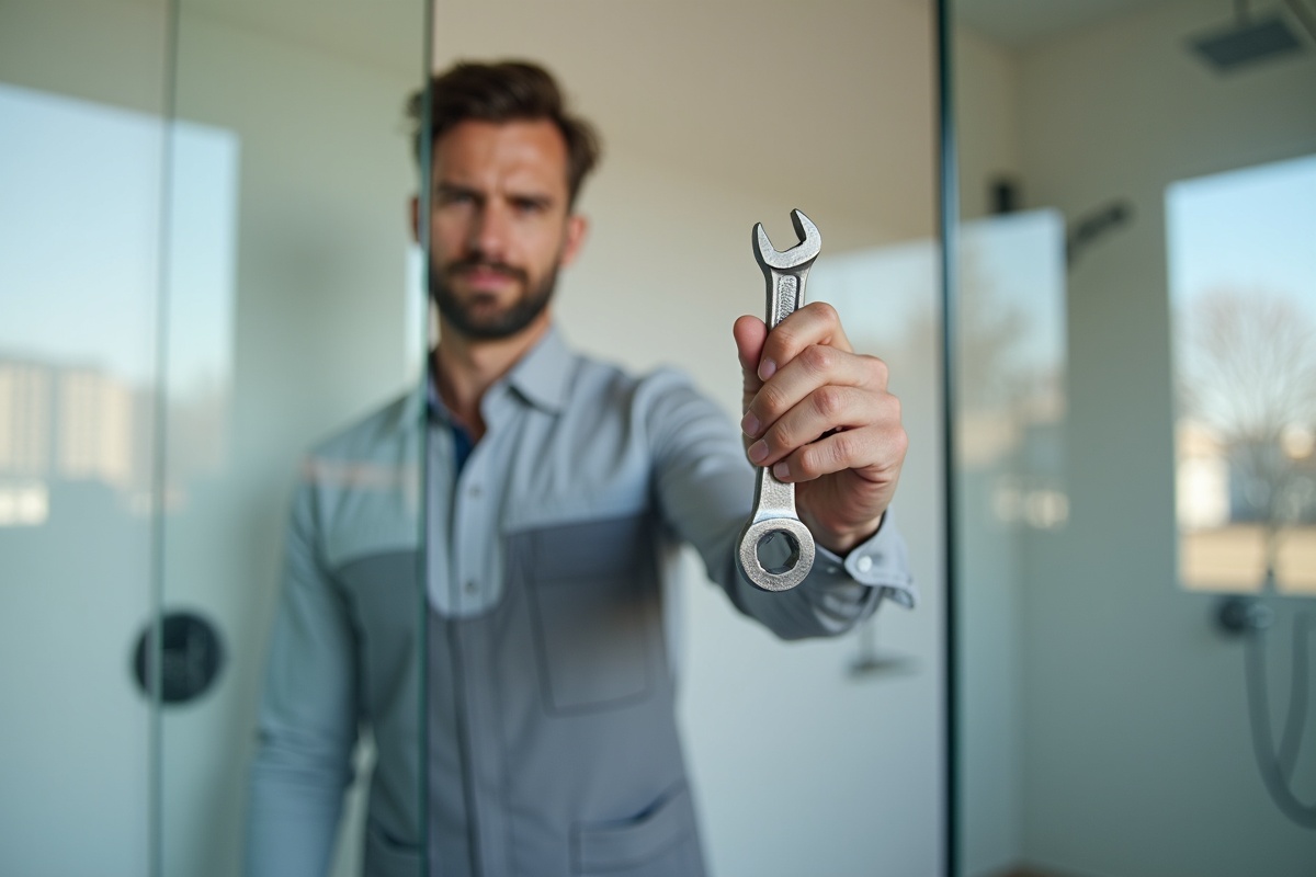 Professional person in gray workwear holding a wrench representing skilled glass installation technicians who apply professional hydrophobic coatings to frameless shower glass in DFW homes