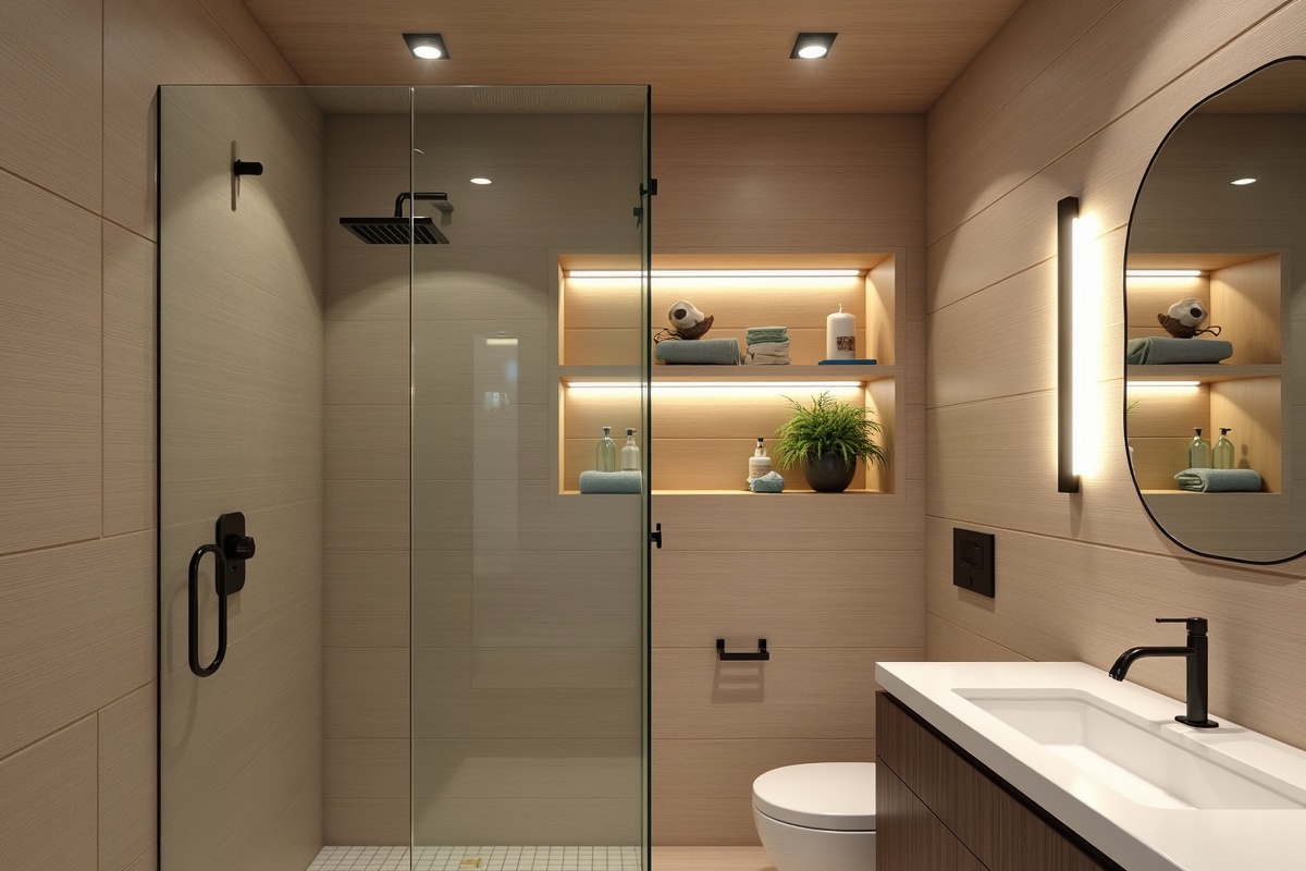 Modern shower interior with wood paneling and custom glass niche shelves showcasing DFW bathroom renovation design