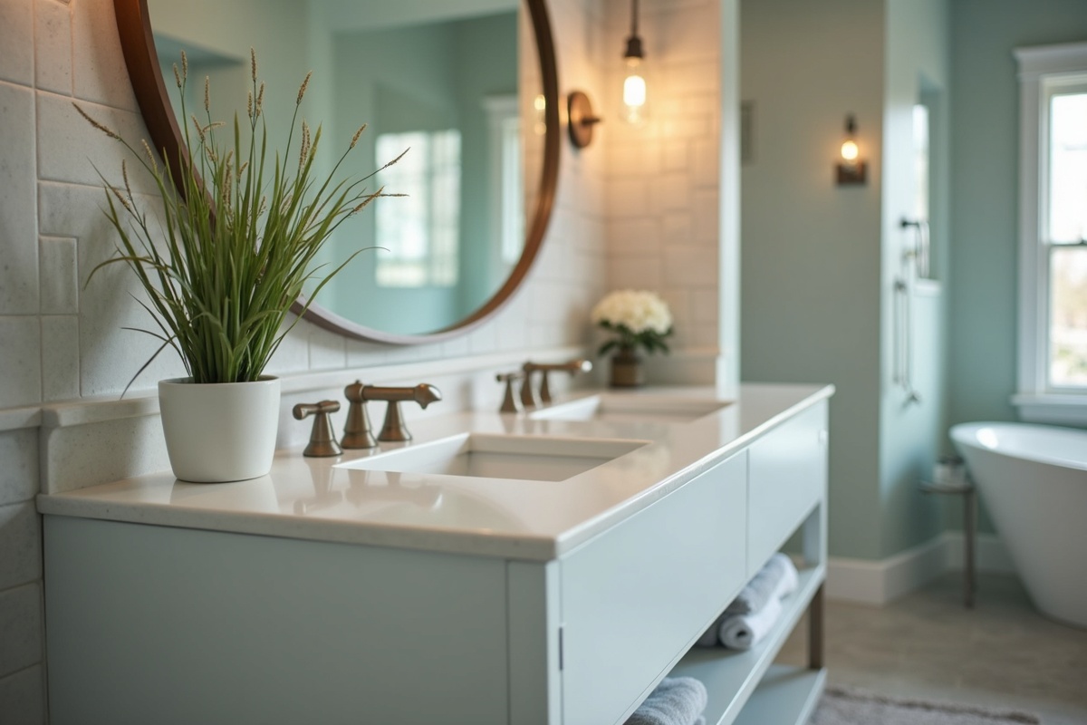 Close-up of custom bathroom vanity with glass design elements demonstrating DFW shower niche panel fabrication quality
