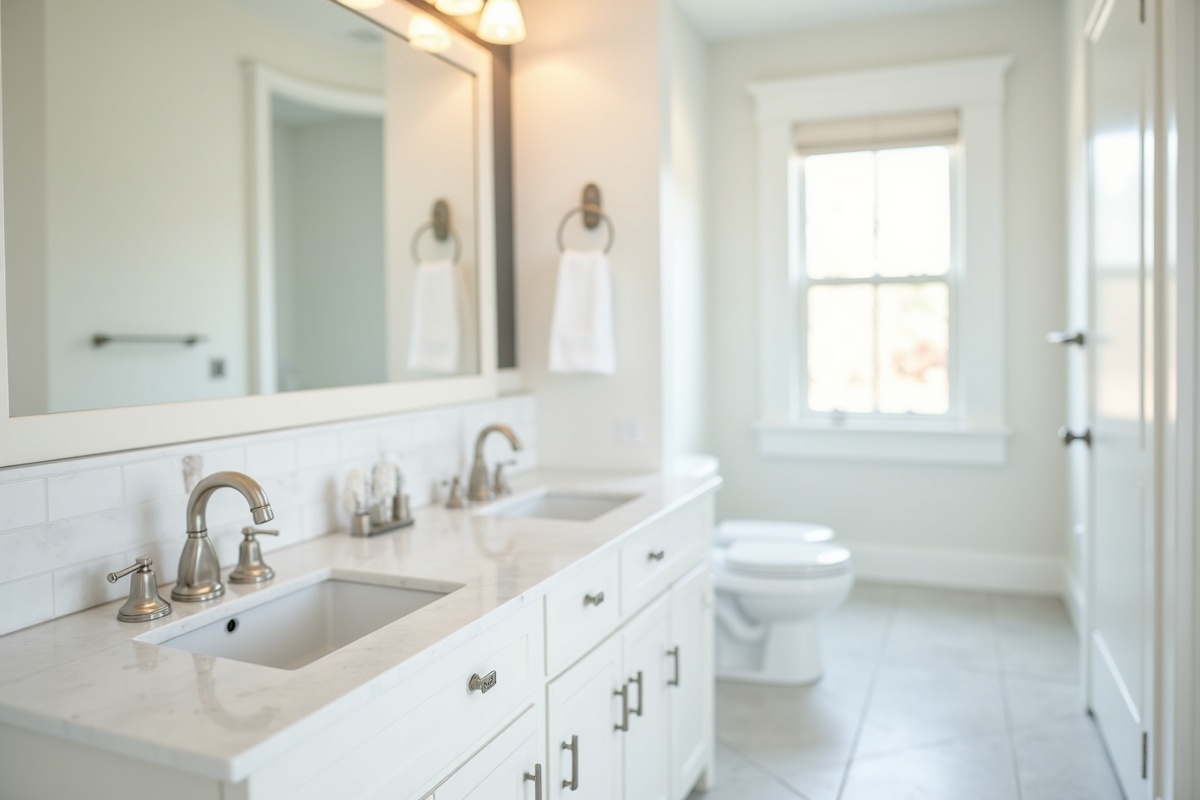 Clean white bathroom with sink and mirror showing pre-sale upgrades ready for a Texas home listing photograph