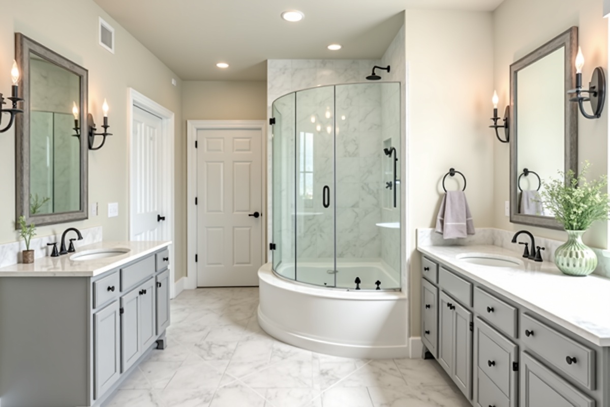 Spacious primary bathroom with glass shower enclosure and bathtub highlighting pre-sale upgrades for a Texas listing