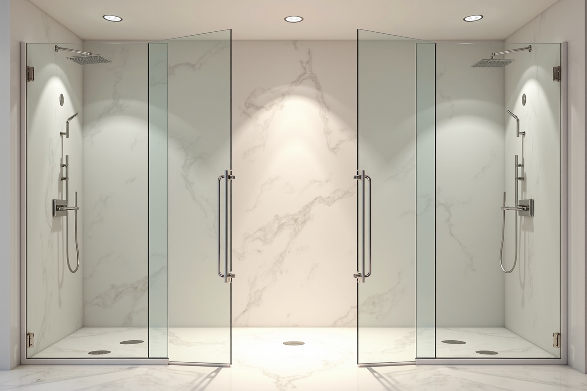 Spacious master bathroom walk-in shower with frameless glass double doors open showing the full entry width and the visual balance of paired door panels on a wide enclosure