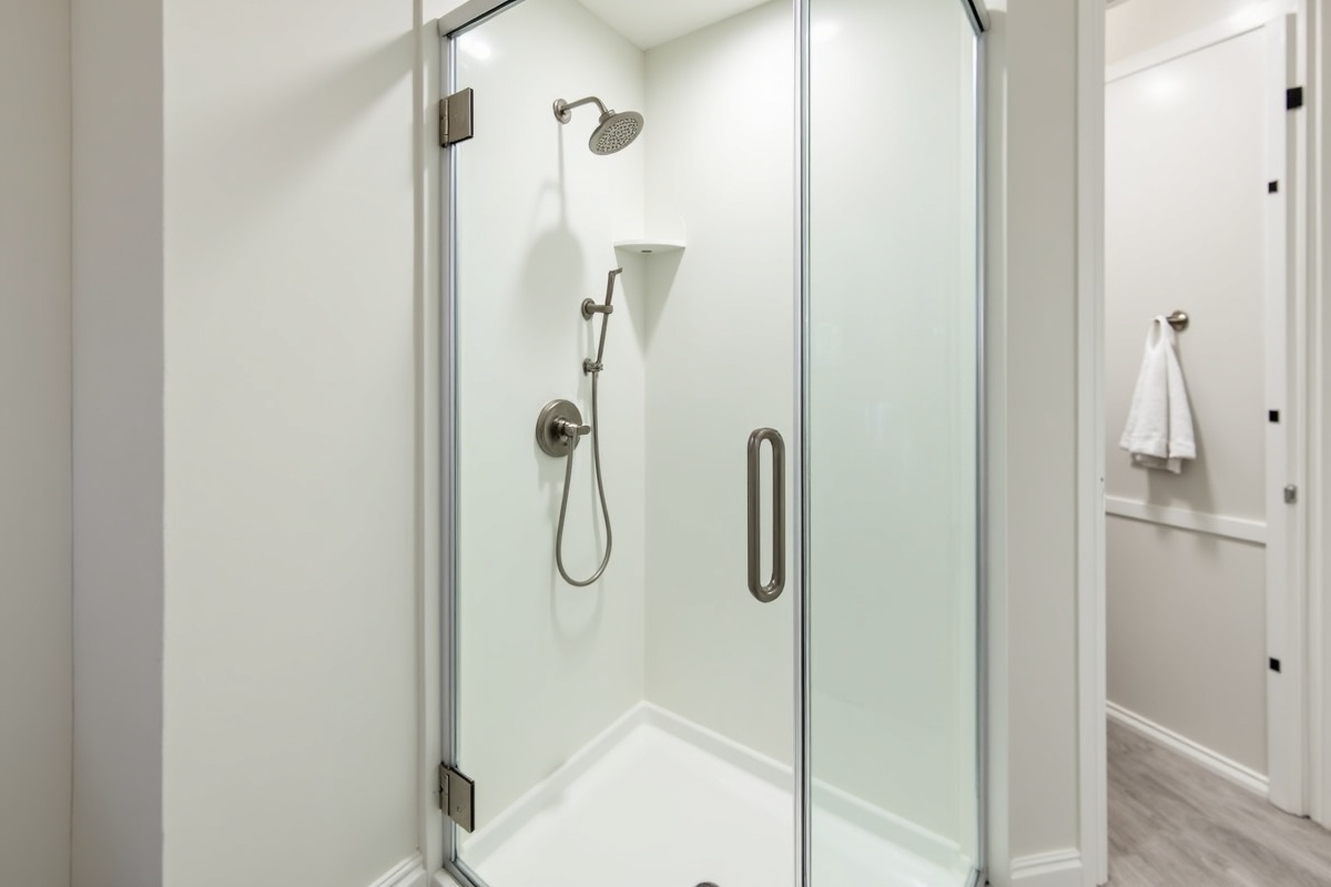 Single frameless shower door with brushed nickel hinges and matching handle on a standard-width opening showing the clean architectural standard for DFW primary bathroom enclosures