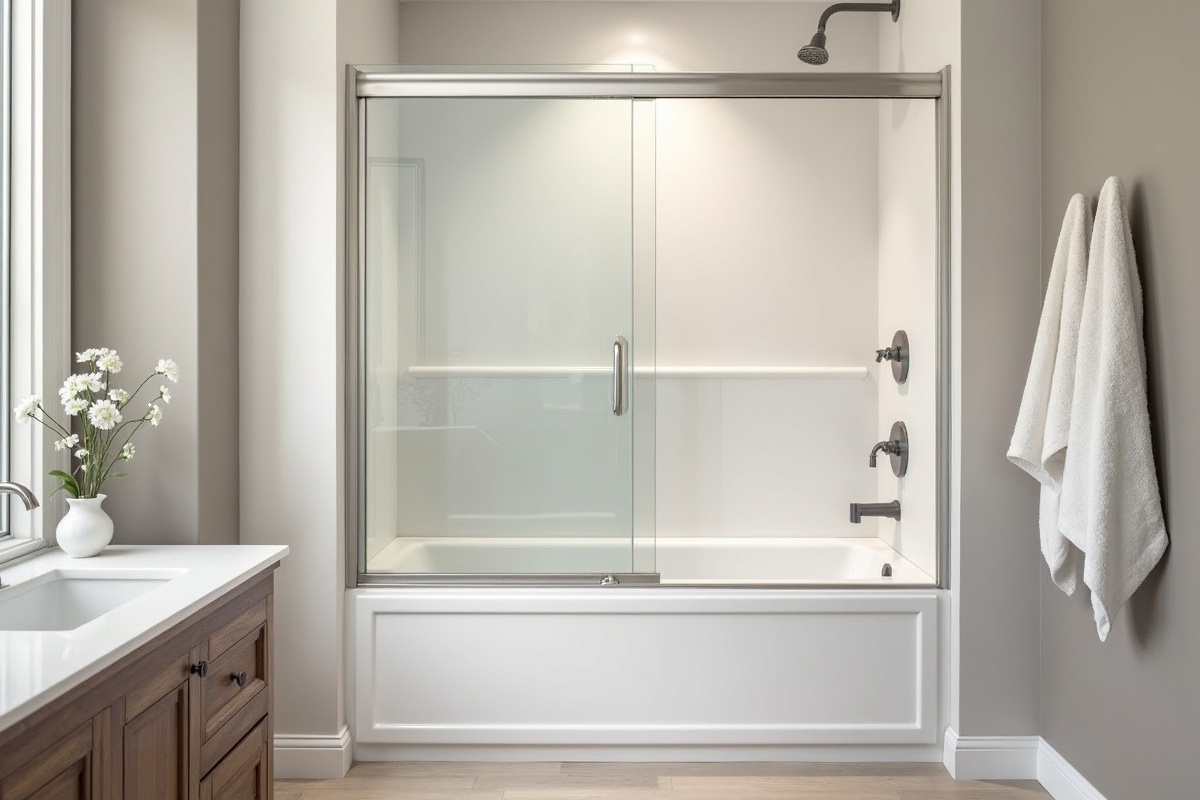 Compact bathroom with sliding bypass glass shower doors on a bathtub alcove showing how the sliding configuration eliminates swing clearance requirements in small DFW bathrooms