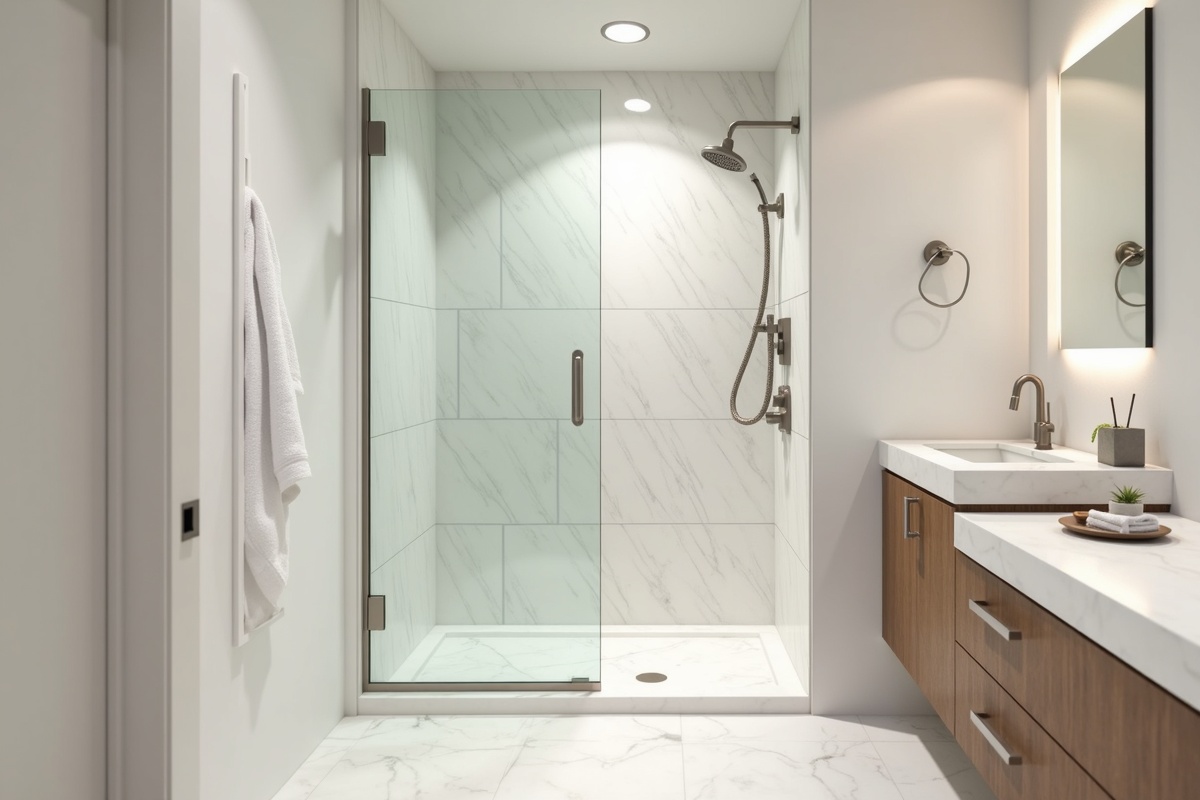Walk-in shower with frameless hinged glass door open showing the full width entry and clearance needed for accessibility in a DFW master bathroom renovation