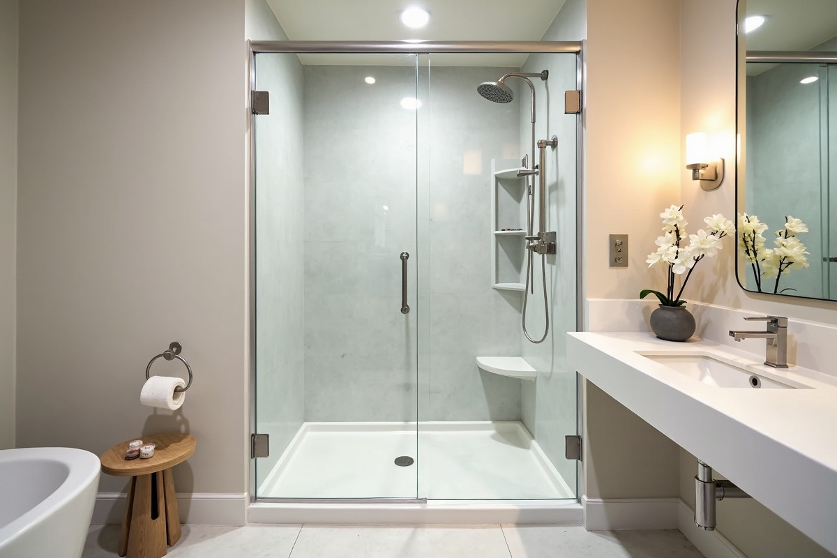 Small bathroom with clear frameless bypass sliding shower doors in a DFW home showing how transparency makes the compact space appear larger