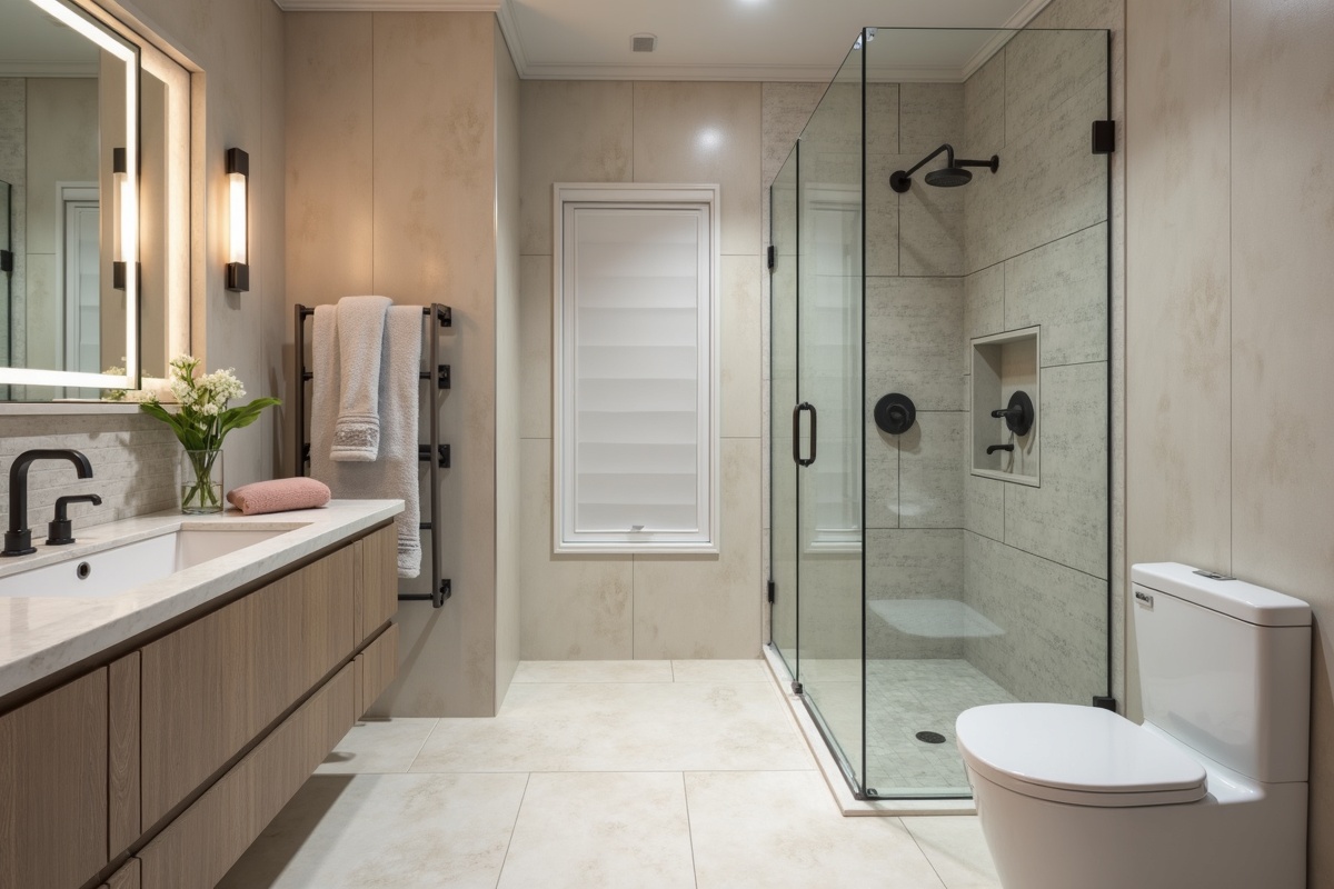Small bathroom shower in DFW home with large format continuous tile and frameless glass creating a seamless curbless design that maximizes space perception