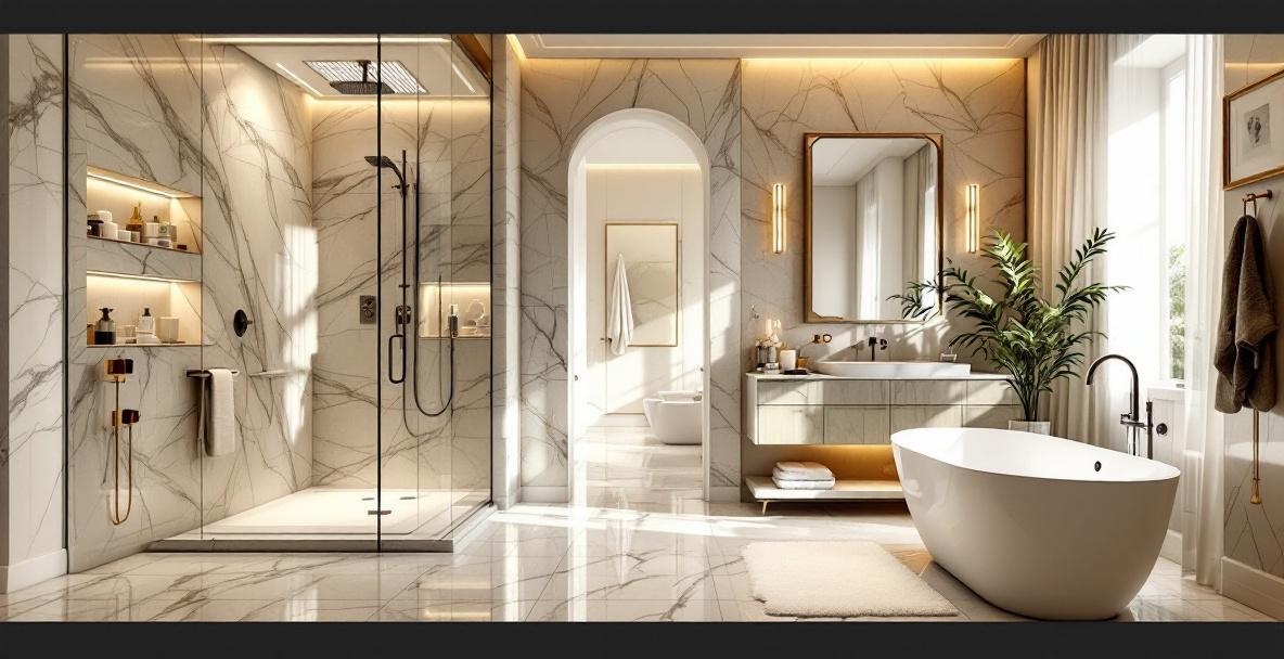 Small bathroom with space-saving frameless bypass shower door in a DFW home showing how glass maximizes the perception of space in a compact bathroom