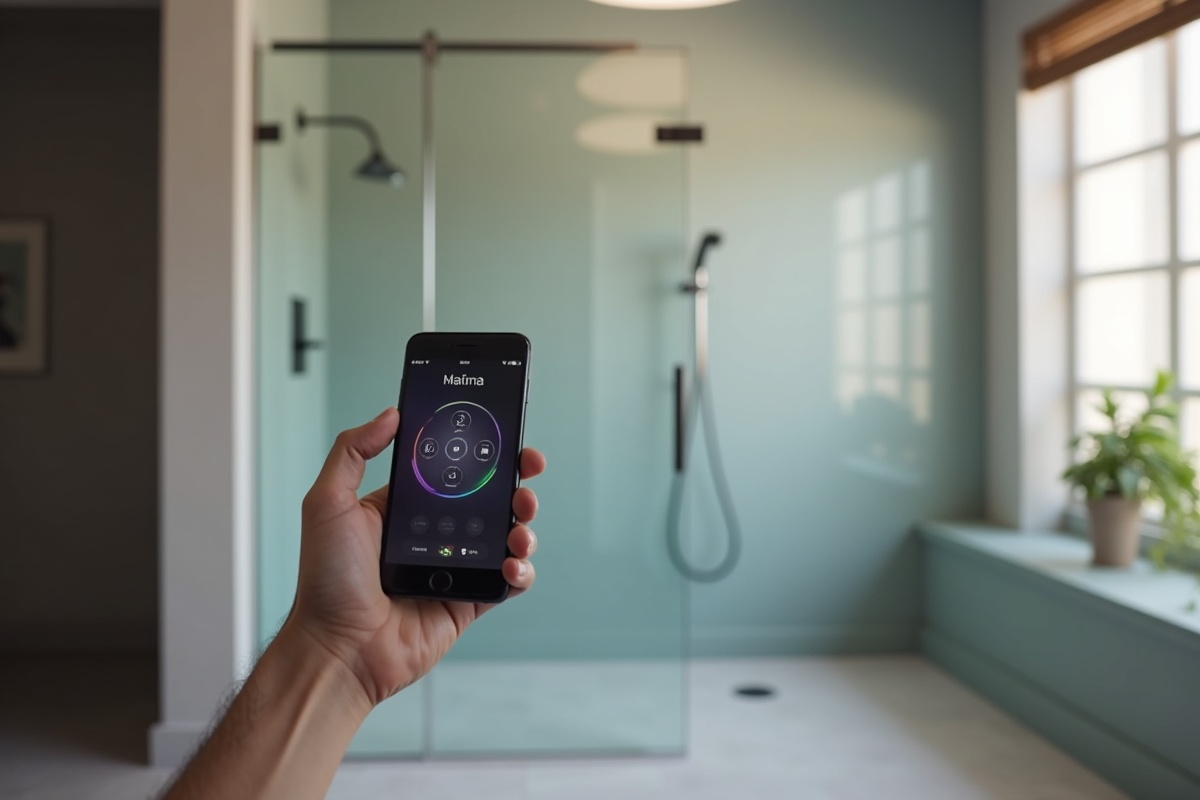 Smart home control devices and smartphone showing app-based control system for smart glass shower door technology integration with Alexa and Google home platforms