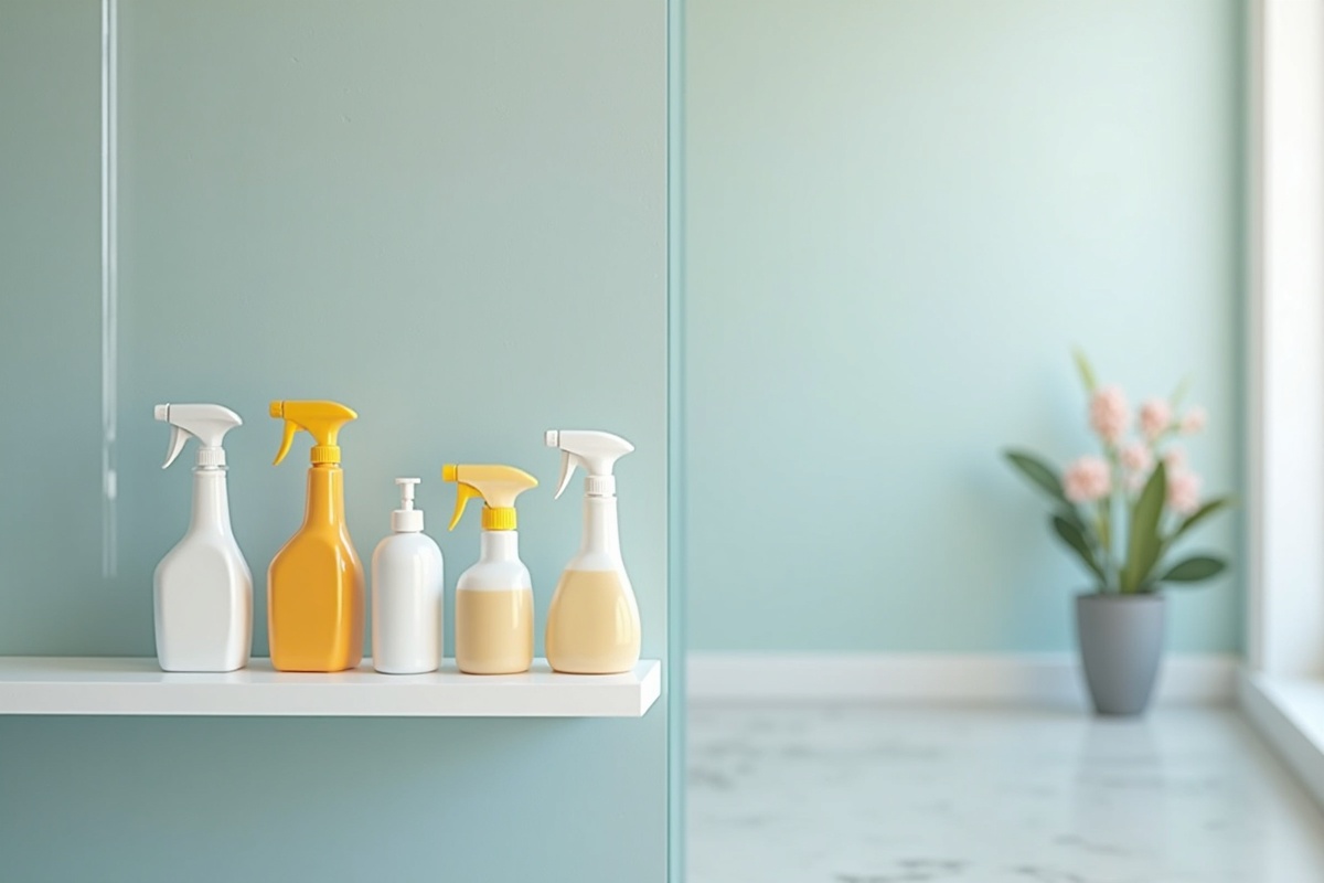 Bottles of cleaning products arranged on bathroom shelf showing the range of commercial cleaners used for soap scum removal from glass shower doors