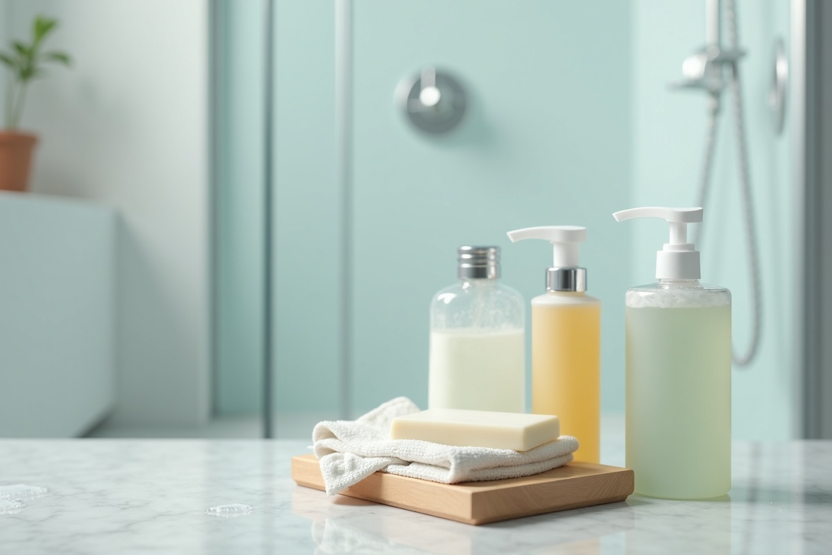 Personal hygiene products in bathroom including soap and cleaning supplies showing the bar soap and body wash products that affect soap scum formation on glass shower doors