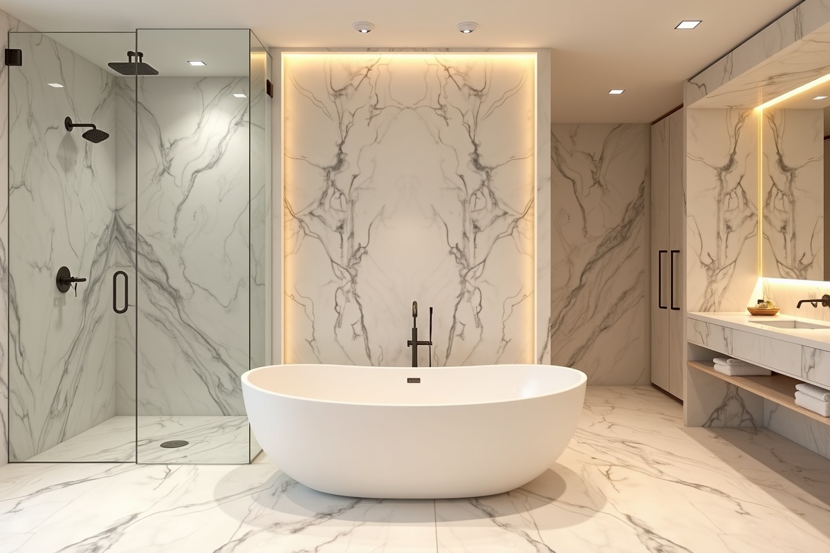Luxury Dallas spa bathroom featuring a freestanding soaking tub, marble walls, and frameless glass shower enclosure with warm lighting and spa aesthetic