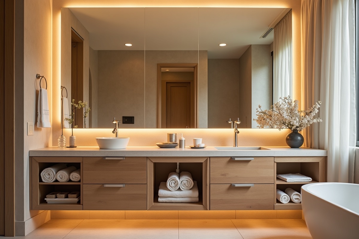 Spa bathroom vanity in Dallas featuring oversized frameless mirrors with warm LED lighting creating a luxury spa aesthetic for a primary bath