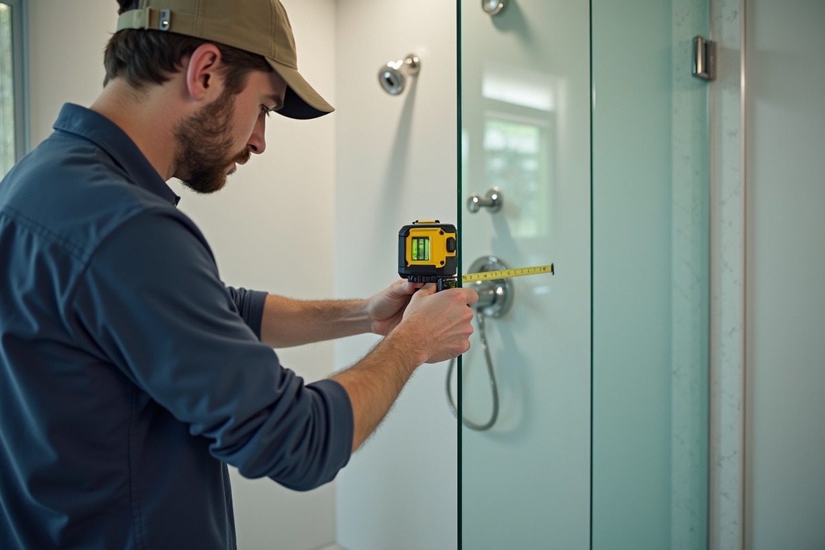 Professional installer measuring a non-standard shower opening with a laser level showing why precise measurement is critical before ordering glass shower doors