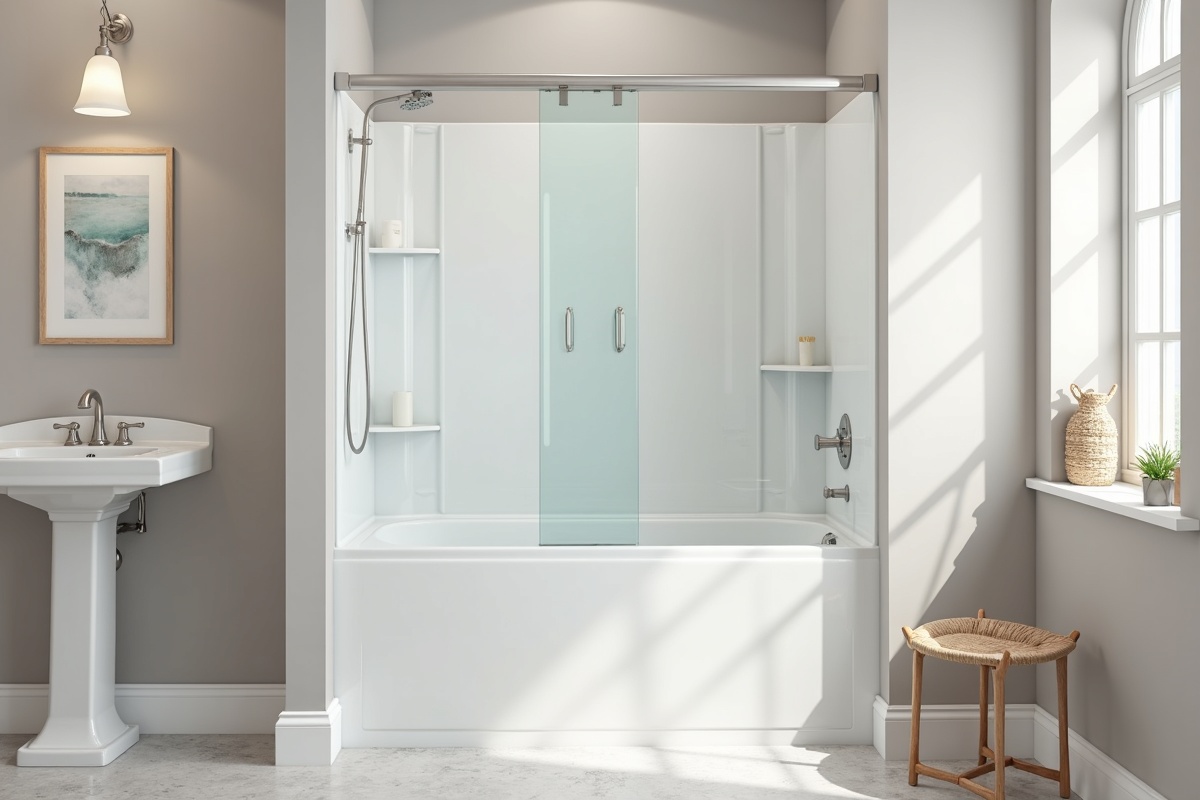 Standard sliding bypass glass shower door installed in a 60-inch bathtub alcove showing the clean but constrained look of stock shower door products