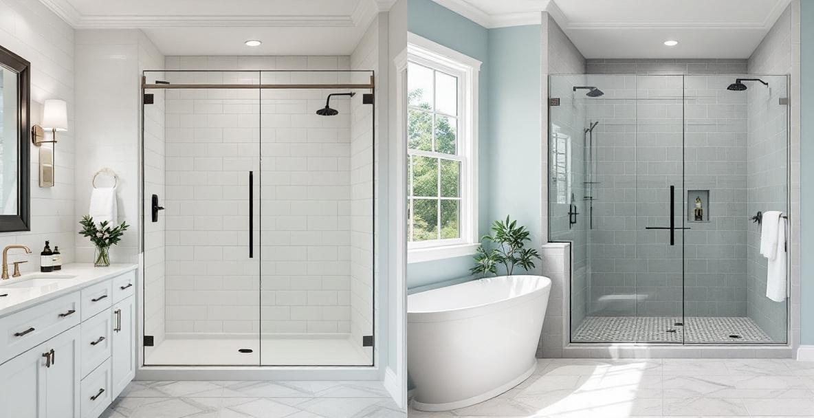 Elegant custom frameless shower enclosure with floor-to-ceiling glass panels and brushed nickel hardware in a DFW master bathroom renovation