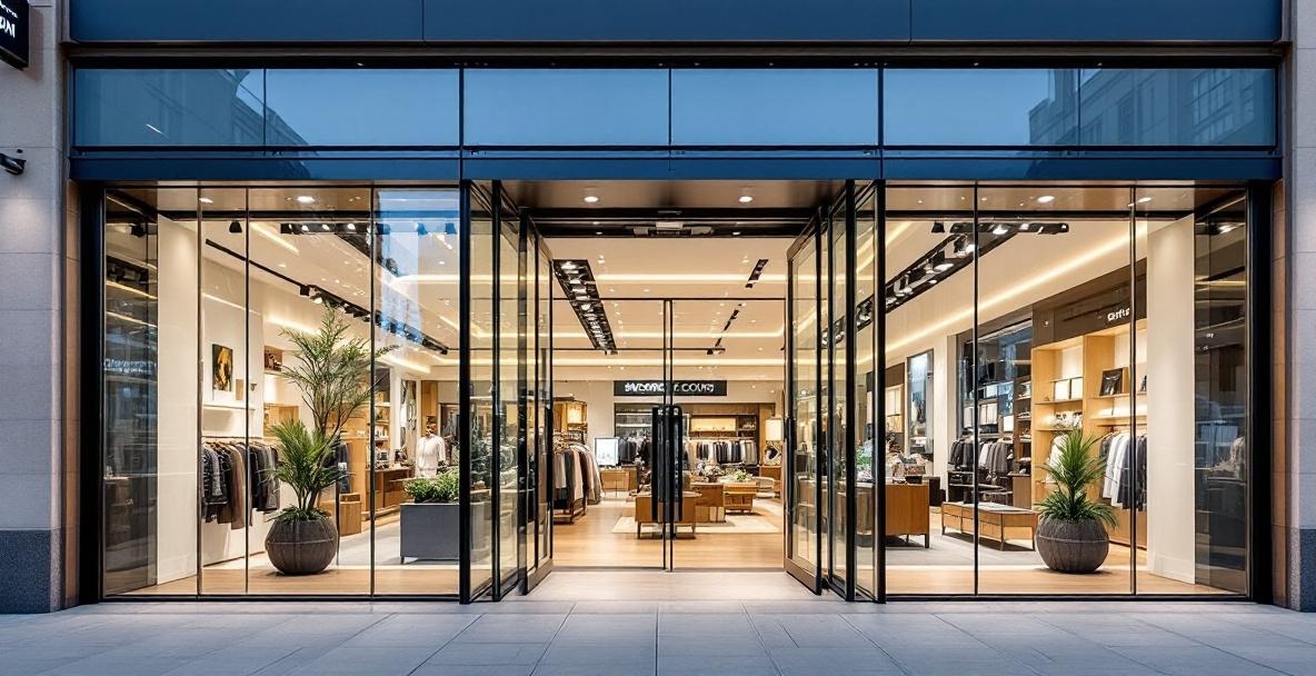 Commercial storefront glass installation in Dallas-Fort Worth retail center showing aluminum frame system with large glass panels and entry door
