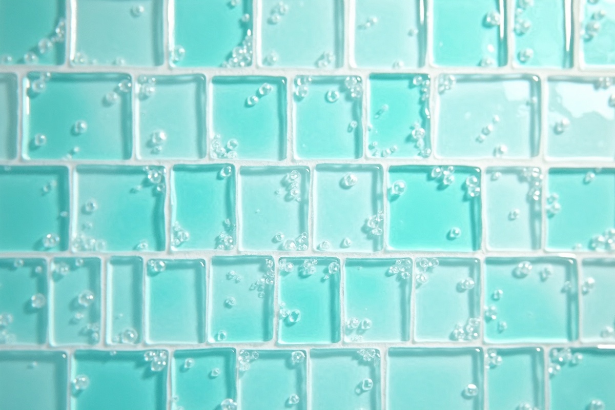 Recycled glass mosaic tile in turquoise and clear tones installed on a bathroom shower wall showing sustainable decorative glass surface options