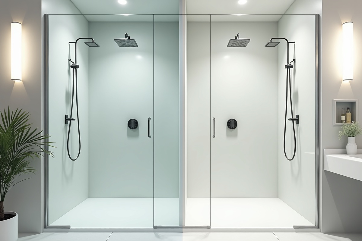 Side-by-side bathroom comparison showing clean frameless glass shower versus plastic acrylic surround illustrating environmental durability differences