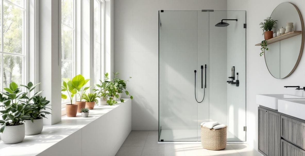 Modern eco-friendly bathroom with frameless glass shower enclosure and natural stone tile representing sustainable glass design choices in DFW homes