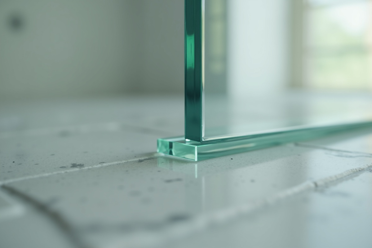 Close-up of tempered glass edge showing the polished edge treatment and thickness of safety glass used in frameless shower door installations in DFW Texas
