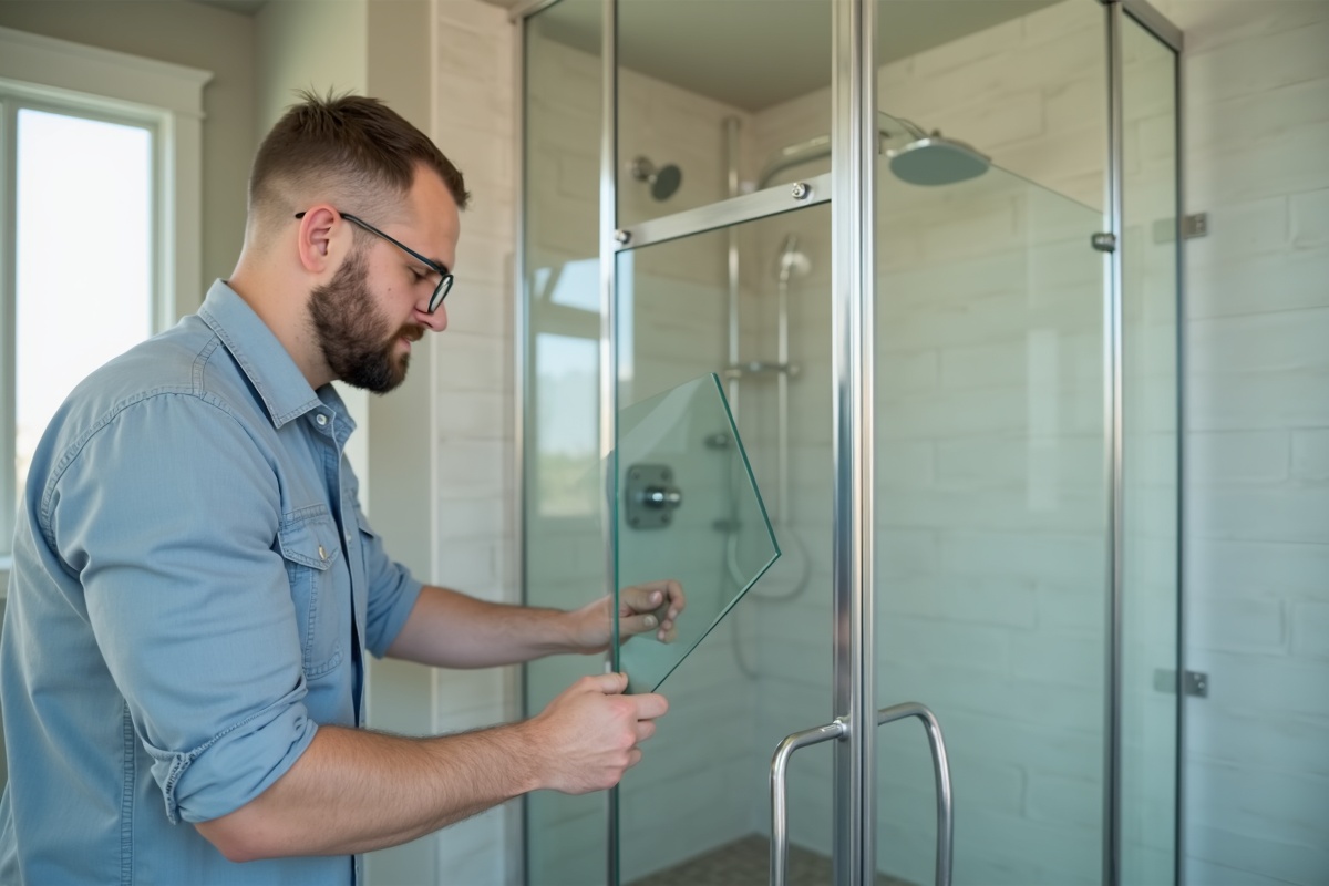 Professional glass installer fitting a tempered safety glass panel into a frameless shower door frame during installation in a DFW Texas bathroom renovation