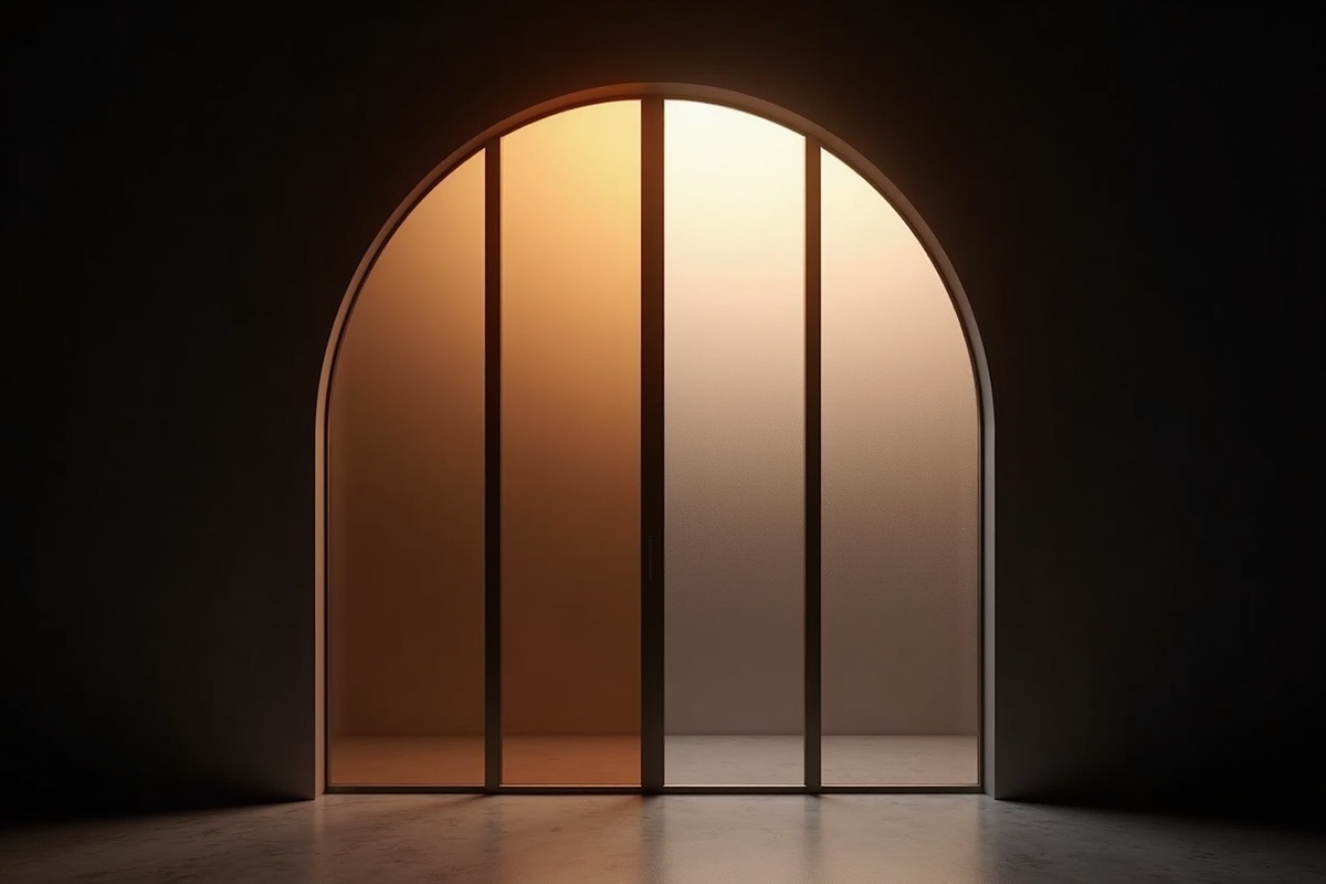 Arched tinted glass panel against a dark background showing how bronze and gray tinted architectural glass delivers dramatic warm and cool tones without the opacity of frosted glass