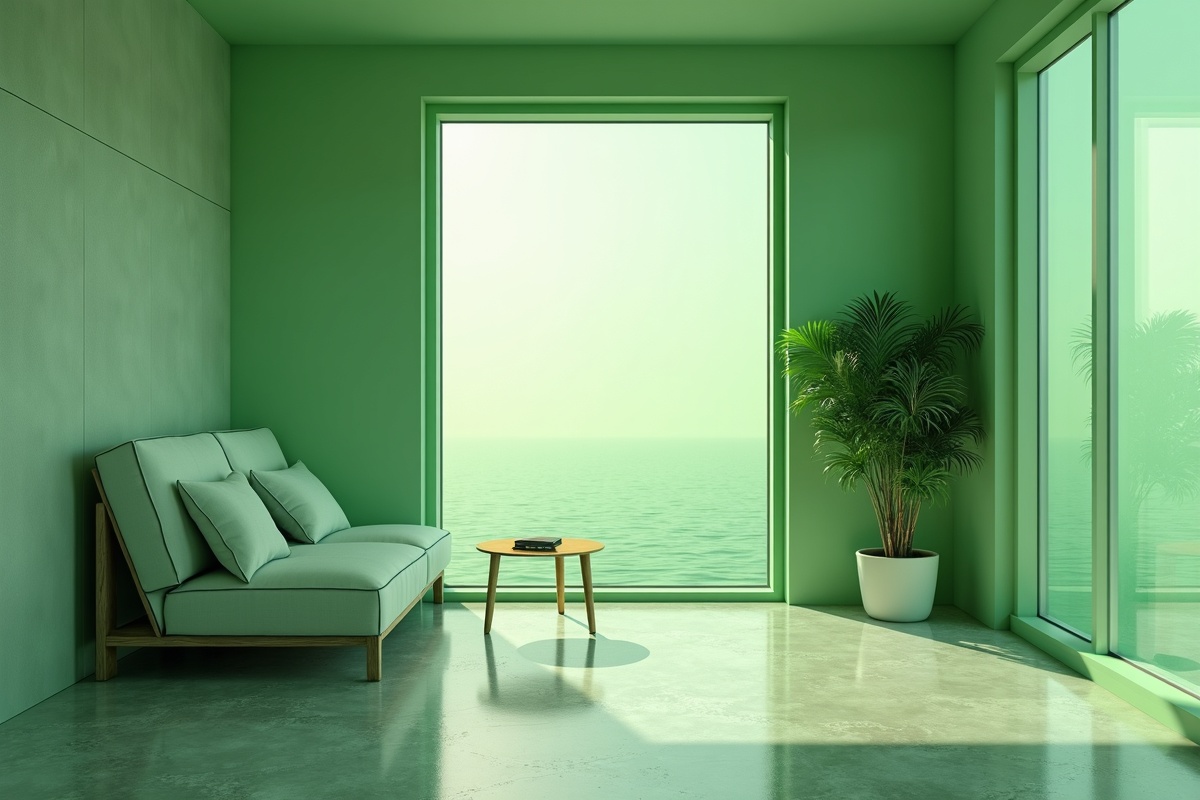 Contemporary room viewed through a green-framed window showing how tinted glass color affects the perception of space and light in an interior architectural application