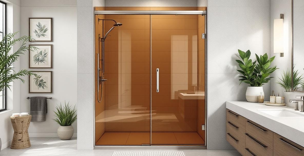 Contemporary DFW master bathroom with tinted glass shower enclosure showing how bronze or gray tinted glass adds drama and subtle privacy while maintaining modern style
