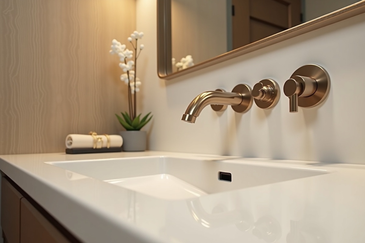 Modern DFW bathroom with coordinated hardware finish showing sink faucet and mirror frame in matching warm metal tone demonstrating 2026 consistent hardware specification approach