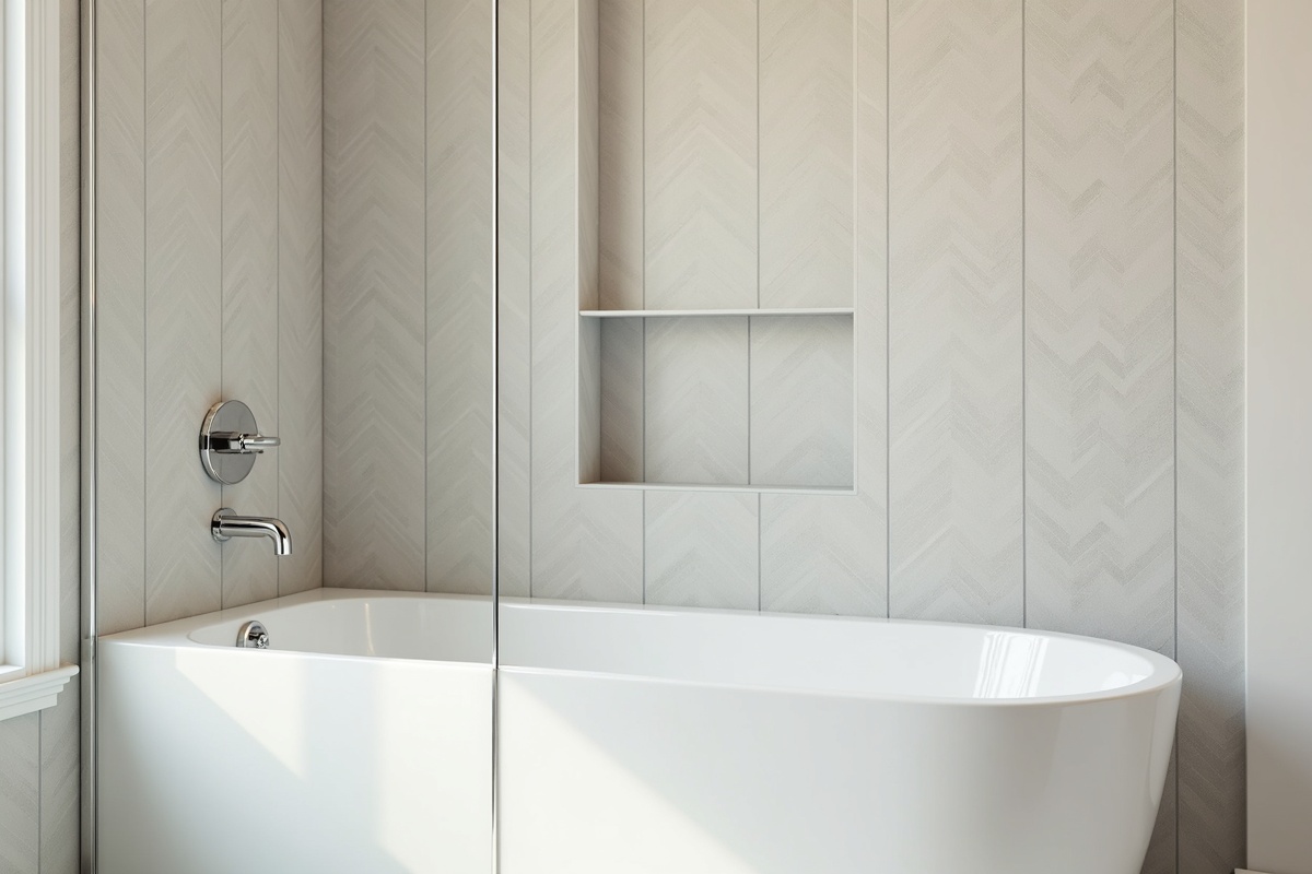 Tiled bathroom with white tub being considered for conversion to a walk-in glass shower in a DFW home