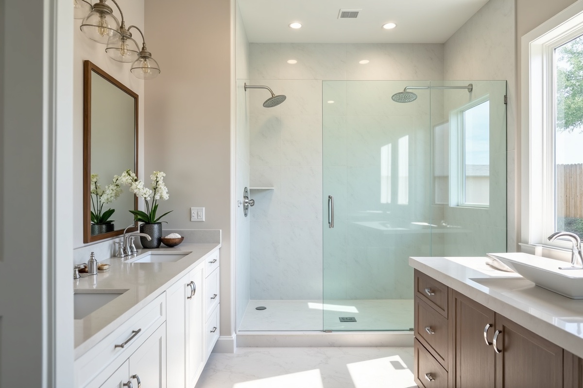 Modern converted bathroom with walk-in shower and frameless glass panel replacing an old alcove tub in a DFW home