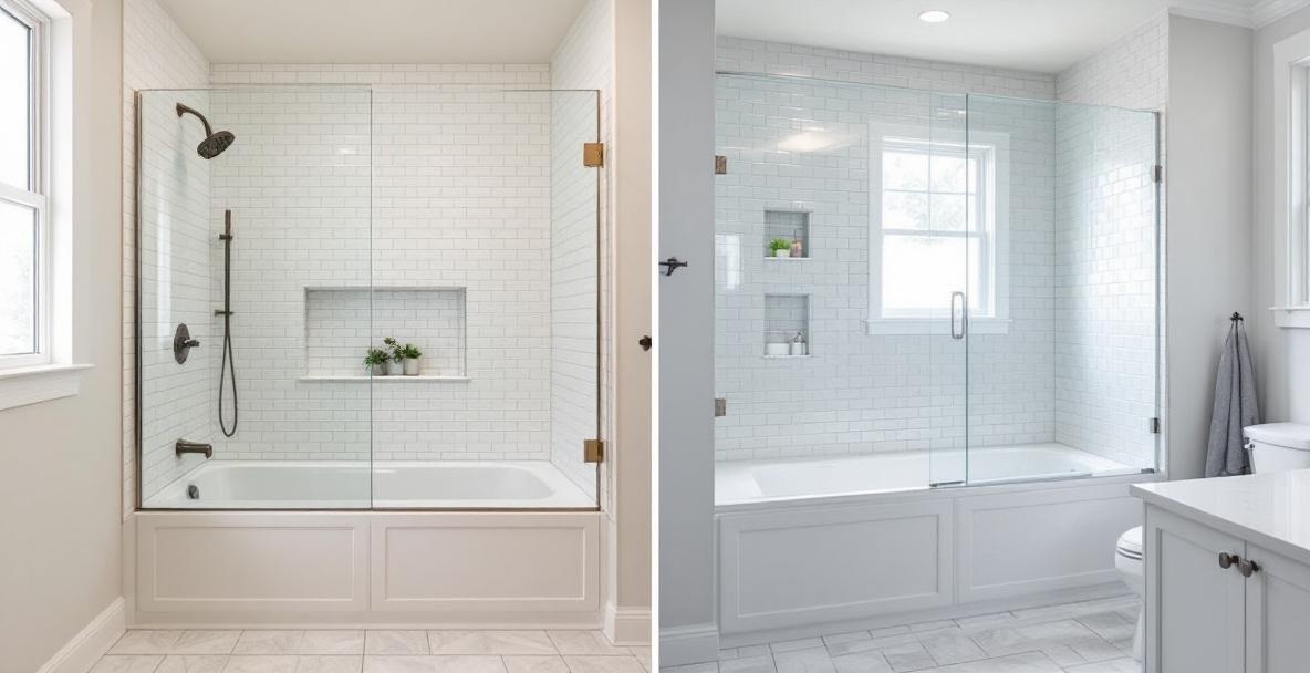Bright renovated bathroom with new glass shower enclosure after a tub-to-shower conversion in a DFW home