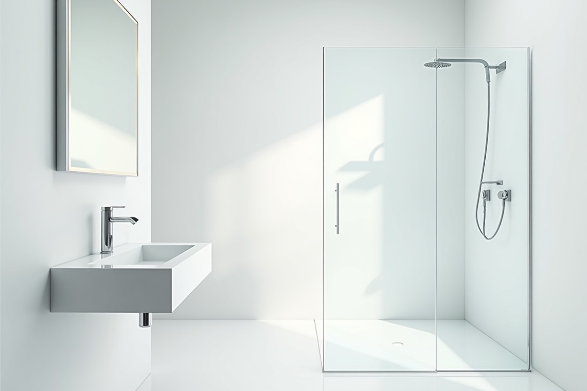 Bright modern bathroom with sink mirror and glass elements showing the kind of white-and-light palette where ultra-clear low-iron glass delivers the most visually noticeable upgrade over standard shower glass