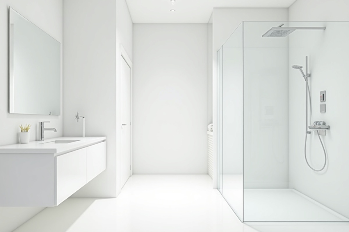 Luxury bathroom interior with sleek white furniture and bright clean finishes showing the kind of premium white palette where the subtle advantages of ultra-clear shower glass fully register