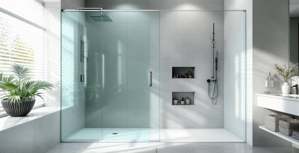 Clean, compact bathroom interior with glass shower enclosure showing the kind of bright white tile palette where ultra-clear low-iron glass delivers the most visible upgrade over standard glass