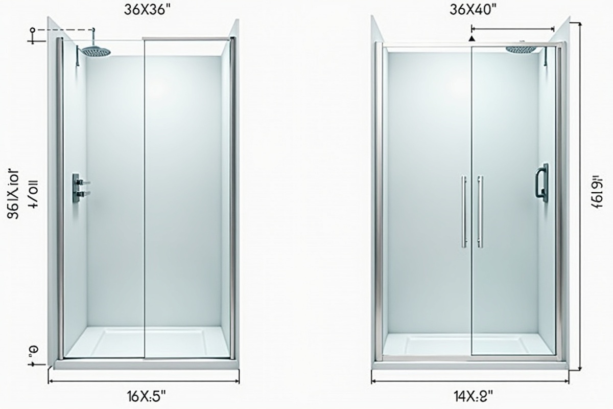 ADA-compliant shower dimensions diagram showing 36x36 in. transfer shower and 36x60 in. roll-in shower configurations with frameless glass walls