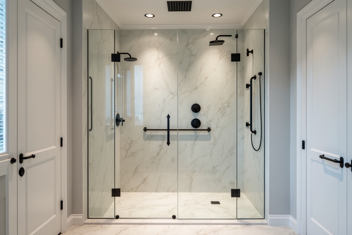 High-end universal design shower with floor-to-ceiling frameless glass, linear drain, and matte black hardware in a Southlake DFW luxury home