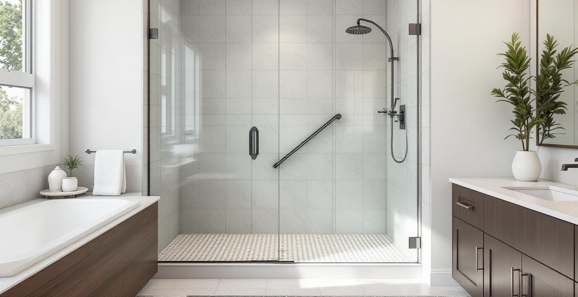 Spacious universally designed shower with wide frameless glass entry, zero threshold floor, and integrated bench for accessibility in a luxury DFW bathroom