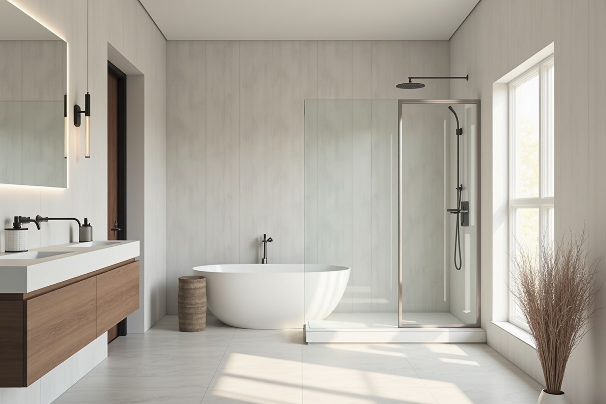 Minimalist bathroom featuring a clean walk-in shower design with frameless glass partition for a modern DFW home in 2026
