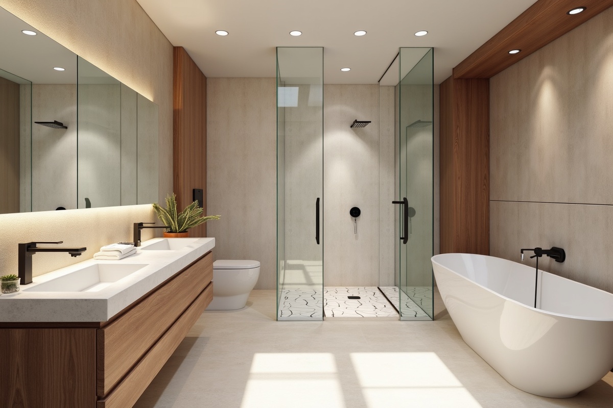 Contemporary bathroom with wood accents and walk-in shower featuring modern glass design trending in DFW primary baths for 2026