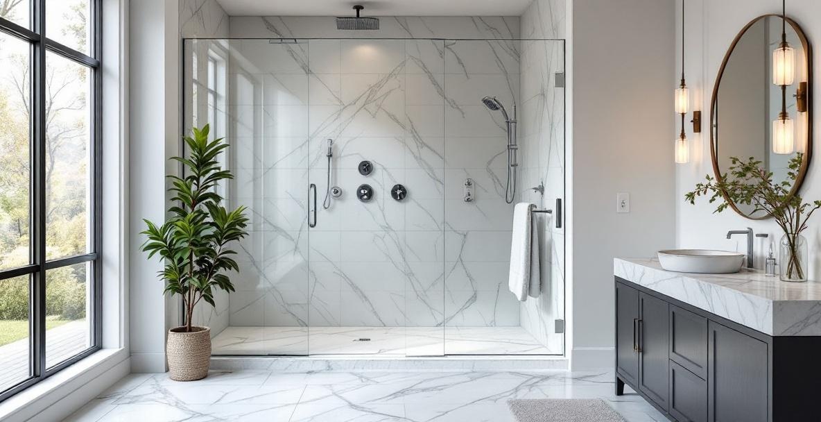 Modern walk-in shower with frameless glass panel and matte black hardware showcasing 2026 DFW bathroom design trends