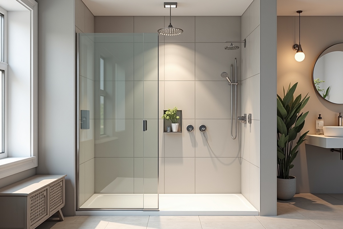Large walk-in shower with fixed glass panel and rainfall showerhead in a modern tile bathroom