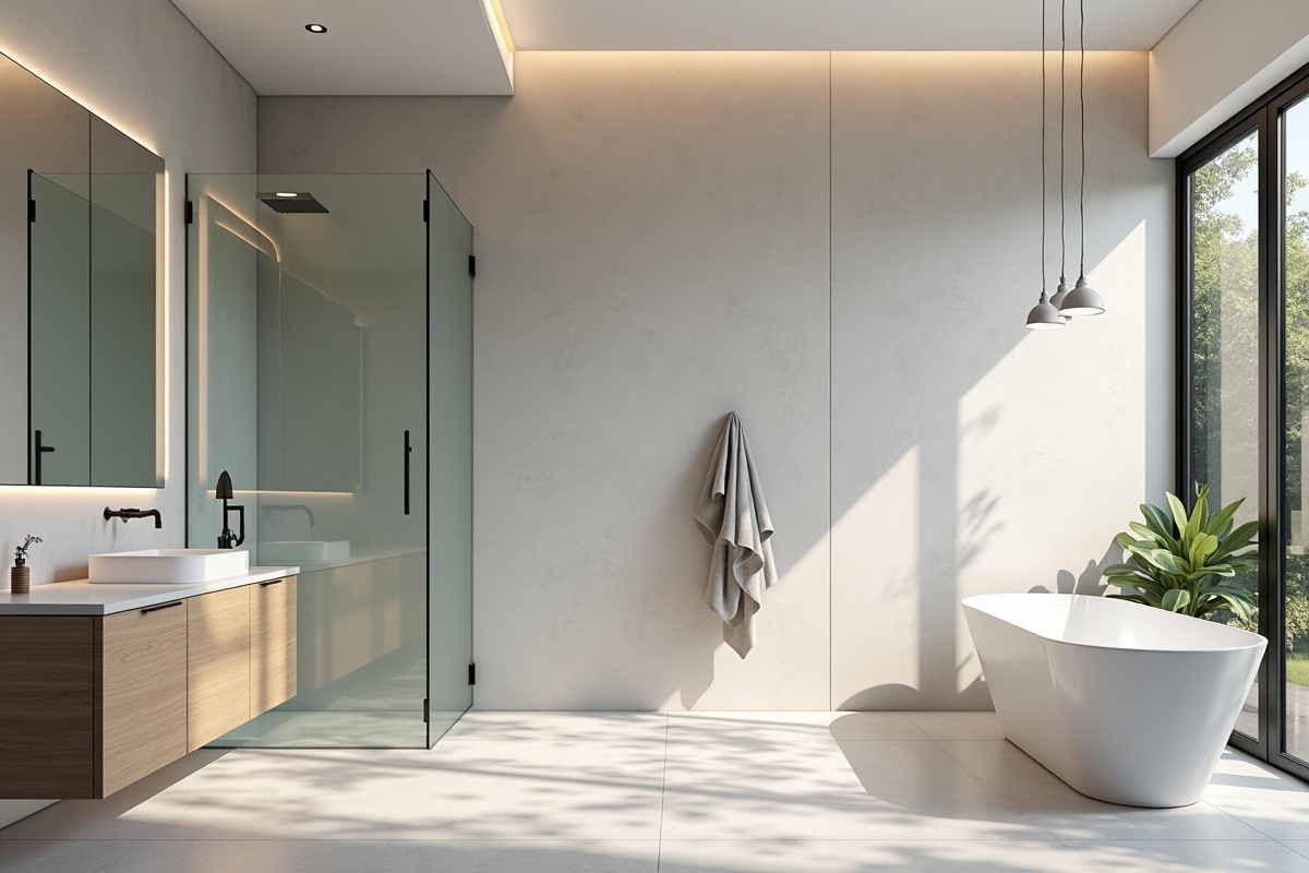 Stylish open concept bathroom with glass shower panel and freestanding bathtub in a modern home interior