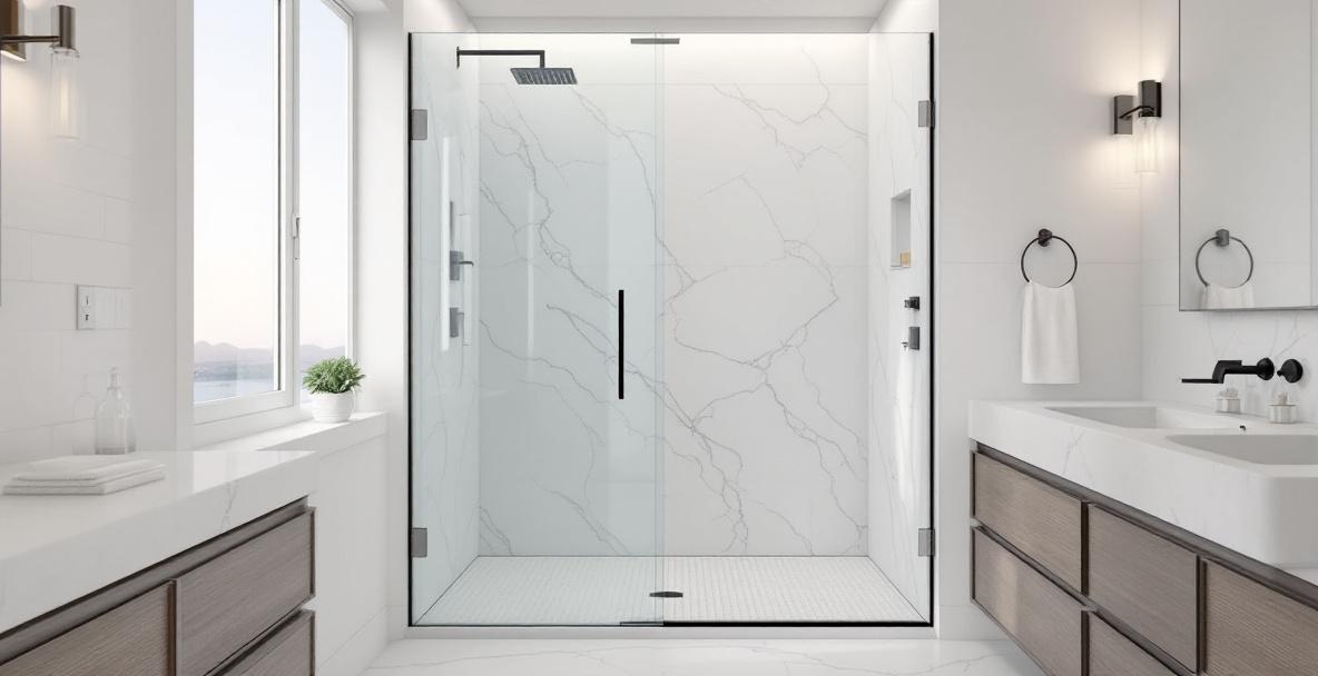 Spacious walk-in shower with floor-to-ceiling glass panel and modern tile in a contemporary Dallas bathroom