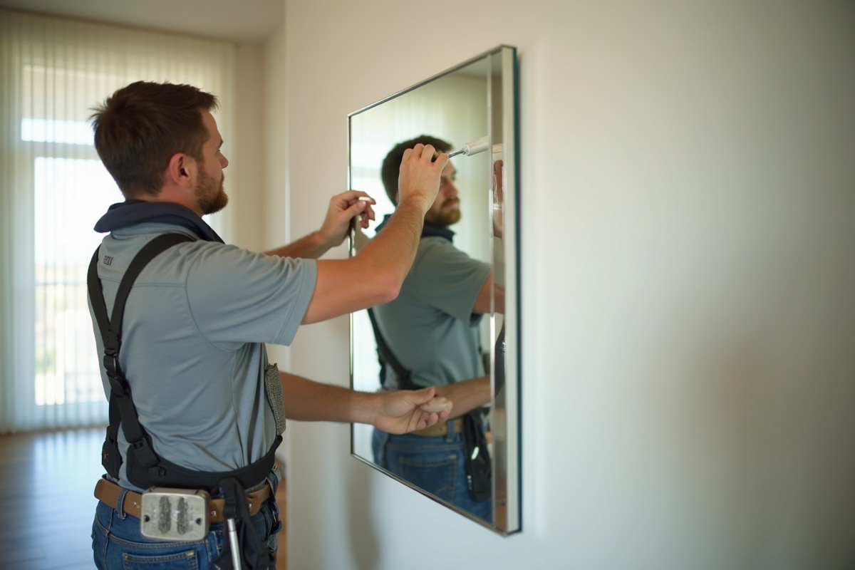Glass installer applying mirror adhesive to the back of a large wall mirror before mounting in a DFW home