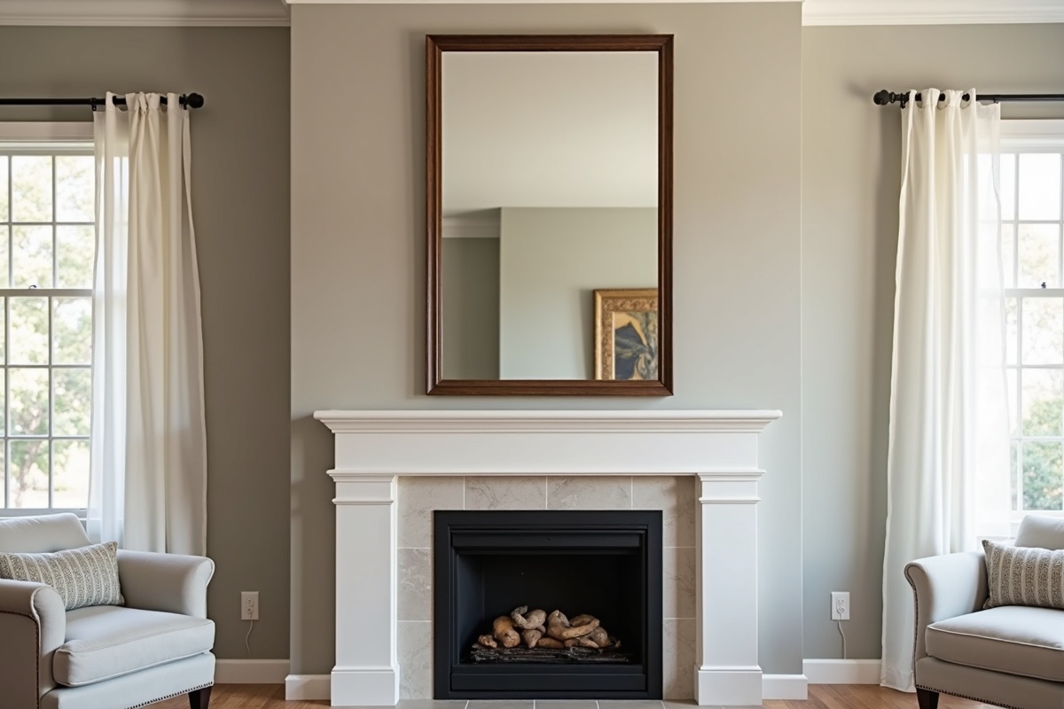 Large wall mirror professionally installed in a DFW living room above a fireplace using proper adhesive and mechanical anchoring